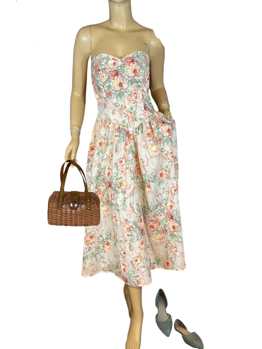 VINTAGE 1980'S ALL THAT JAZZ STRAPLESS FLORAL PRINT DRESS (M)